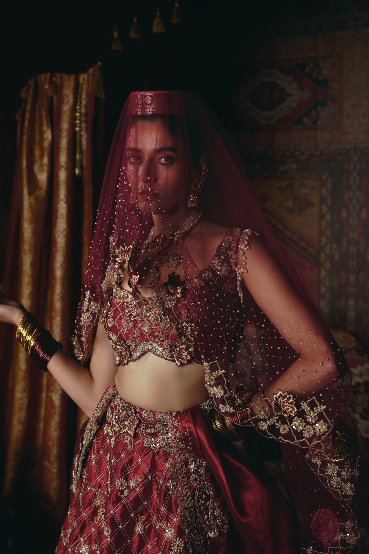 Maroon 3D Flower Lehenga Set- Ready To Ship