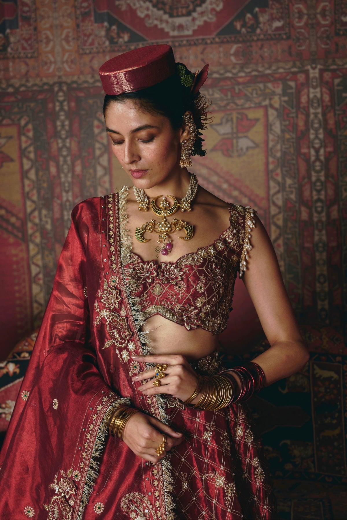 Maroon 3D Flower Lehenga Set- Ready To Ship