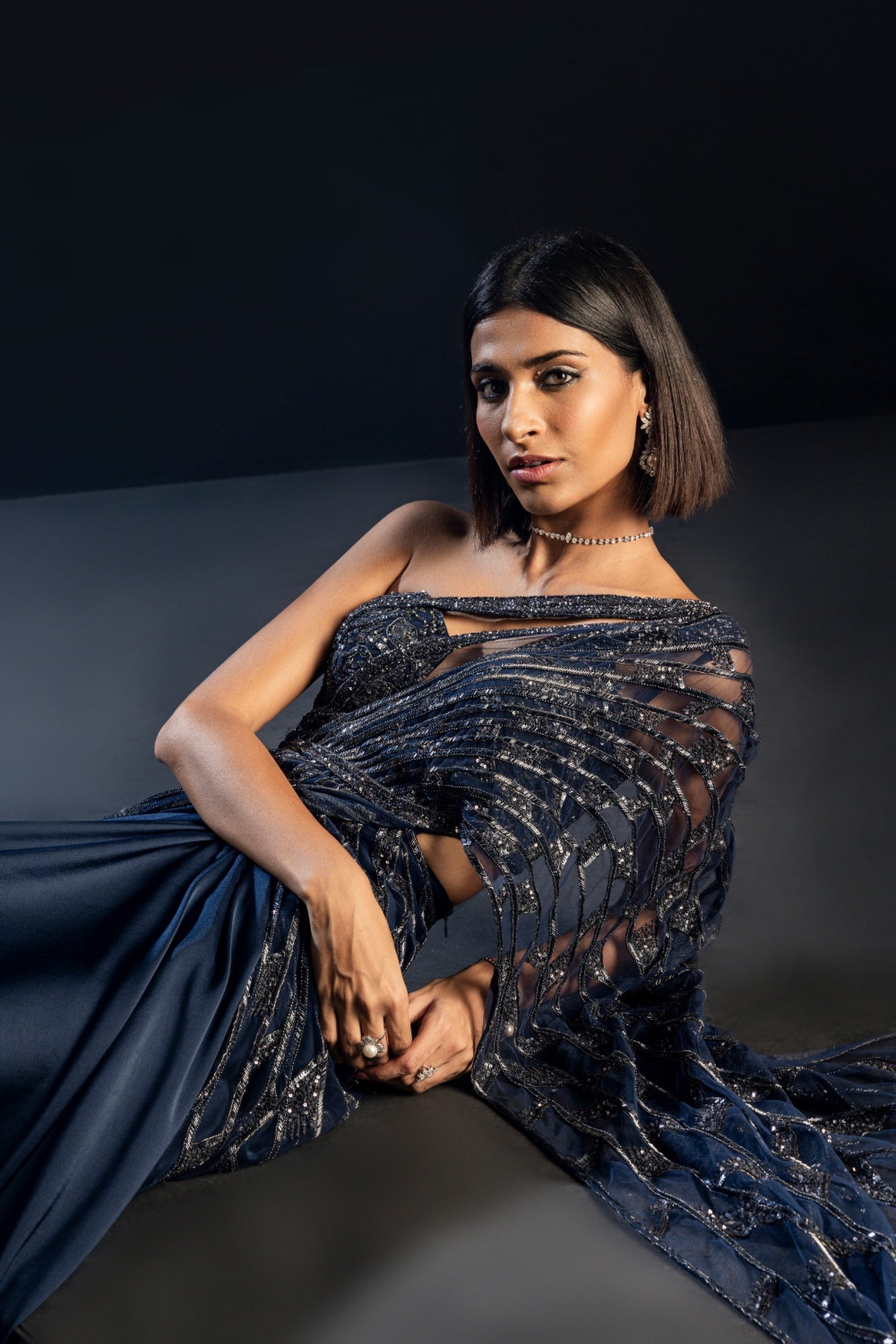 Medha Sharma in Midnight Blue Drizzle Saree - Ready To Ship