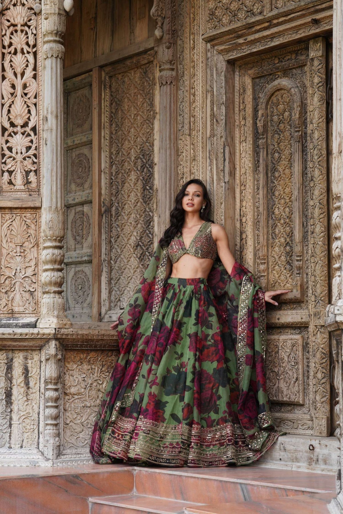 Mehendi Green Floral Lehenga Set- Ready To Ship