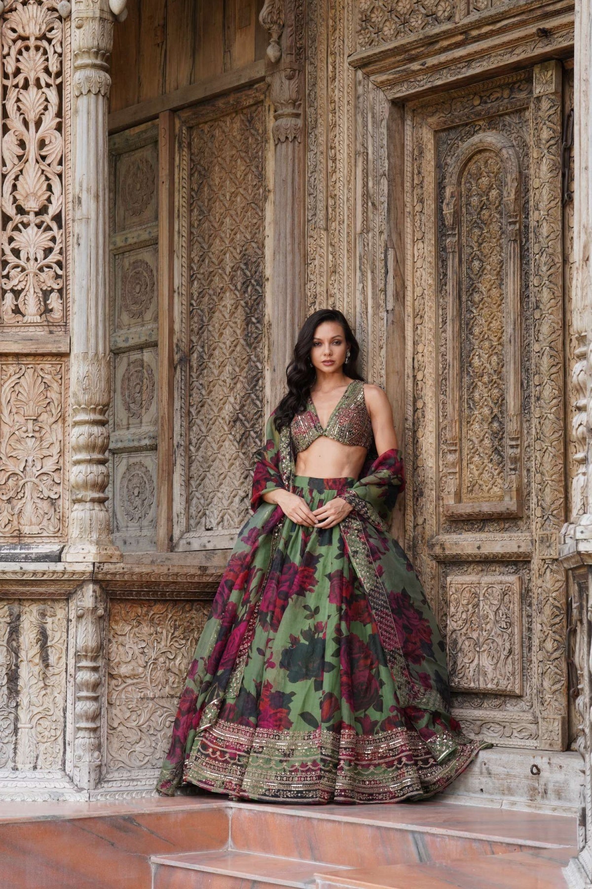 Mehendi Green Floral Lehenga Set- Ready To Ship