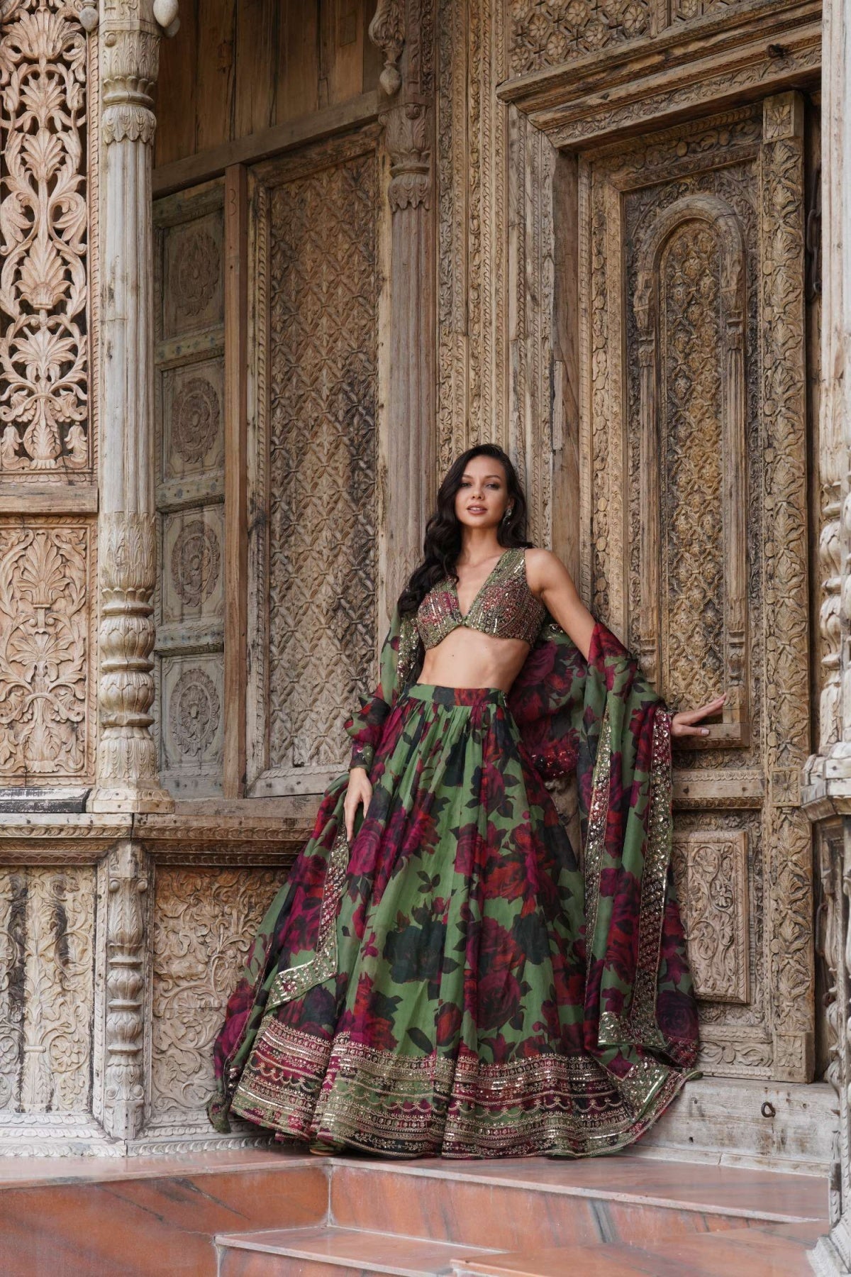Mehendi Green Floral Lehenga Set- Ready To Ship