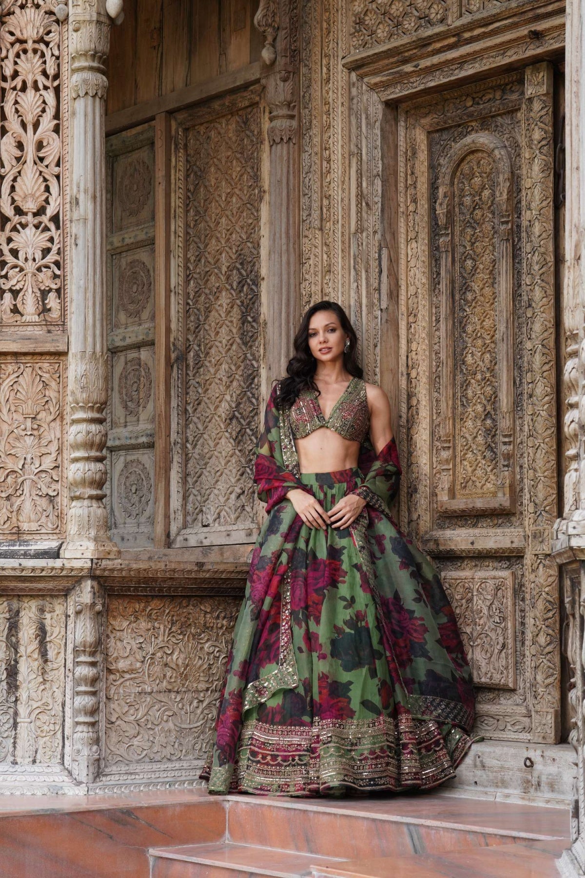Mehendi Green Floral Lehenga Set- Ready To Ship