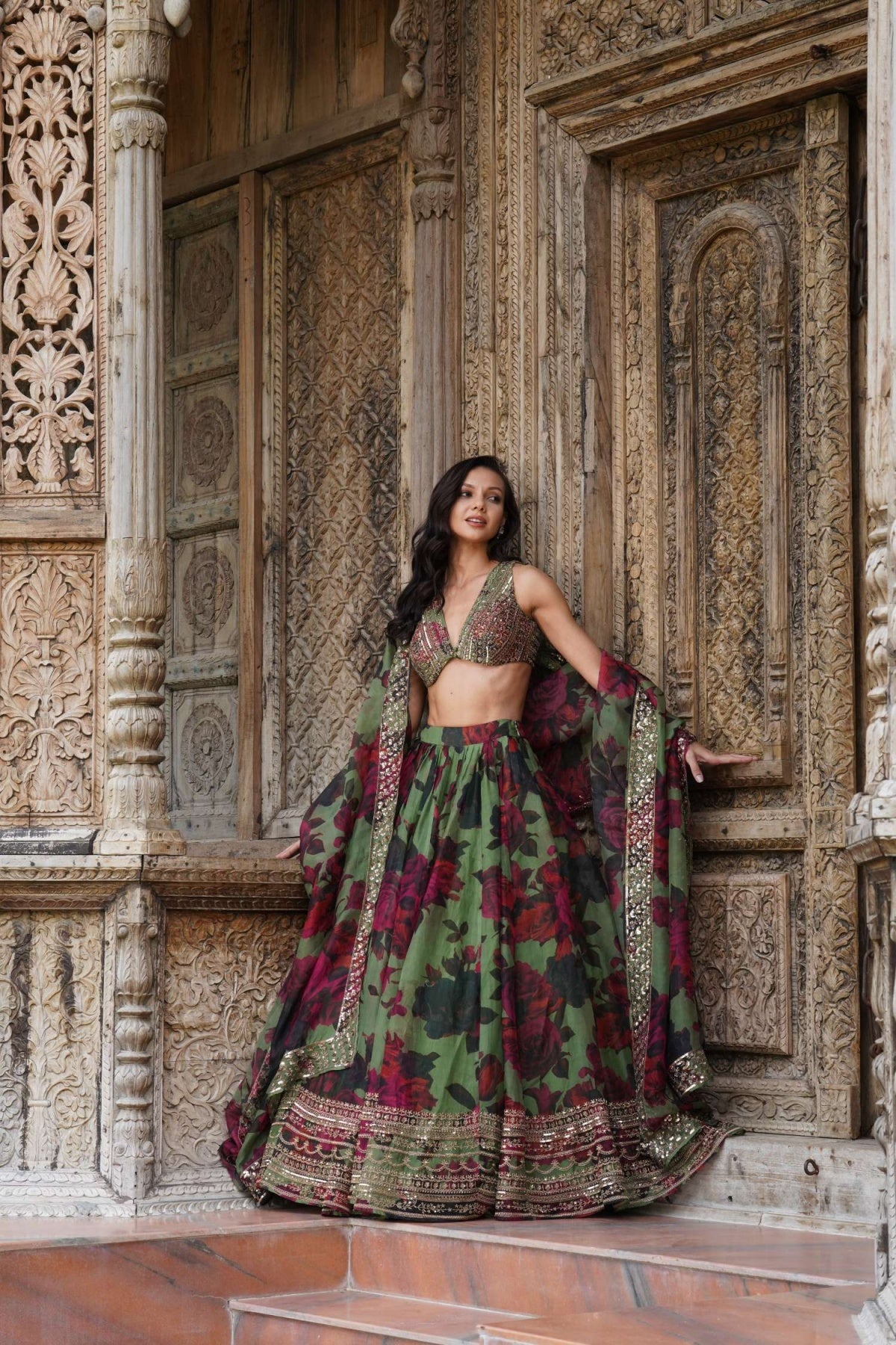 Mehendi Green Floral Lehenga Set- Ready To Ship