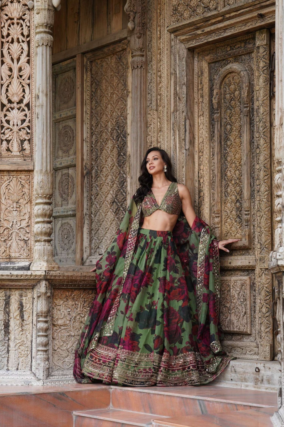 Mehendi Green Floral Lehenga Set- Ready To Ship