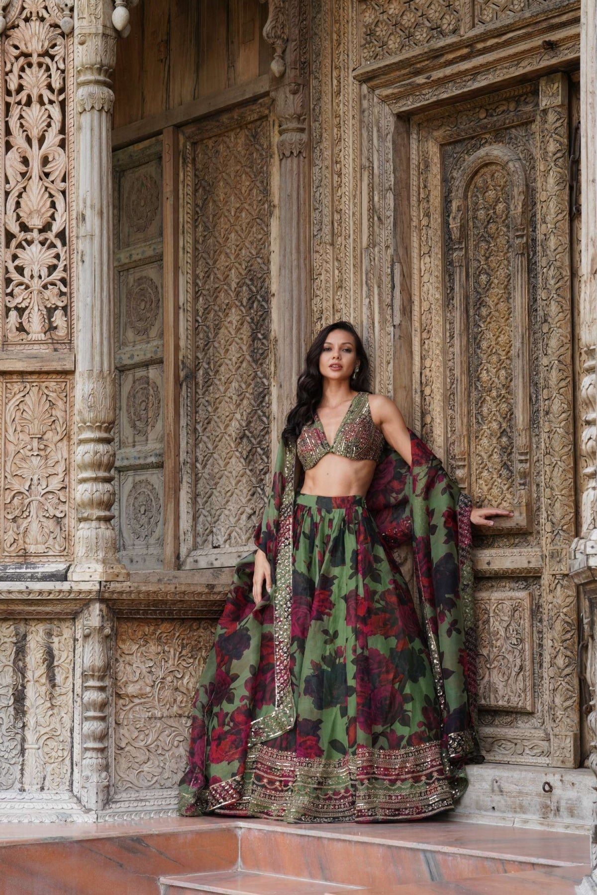 Mehendi Green Floral Lehenga Set- Ready To Ship