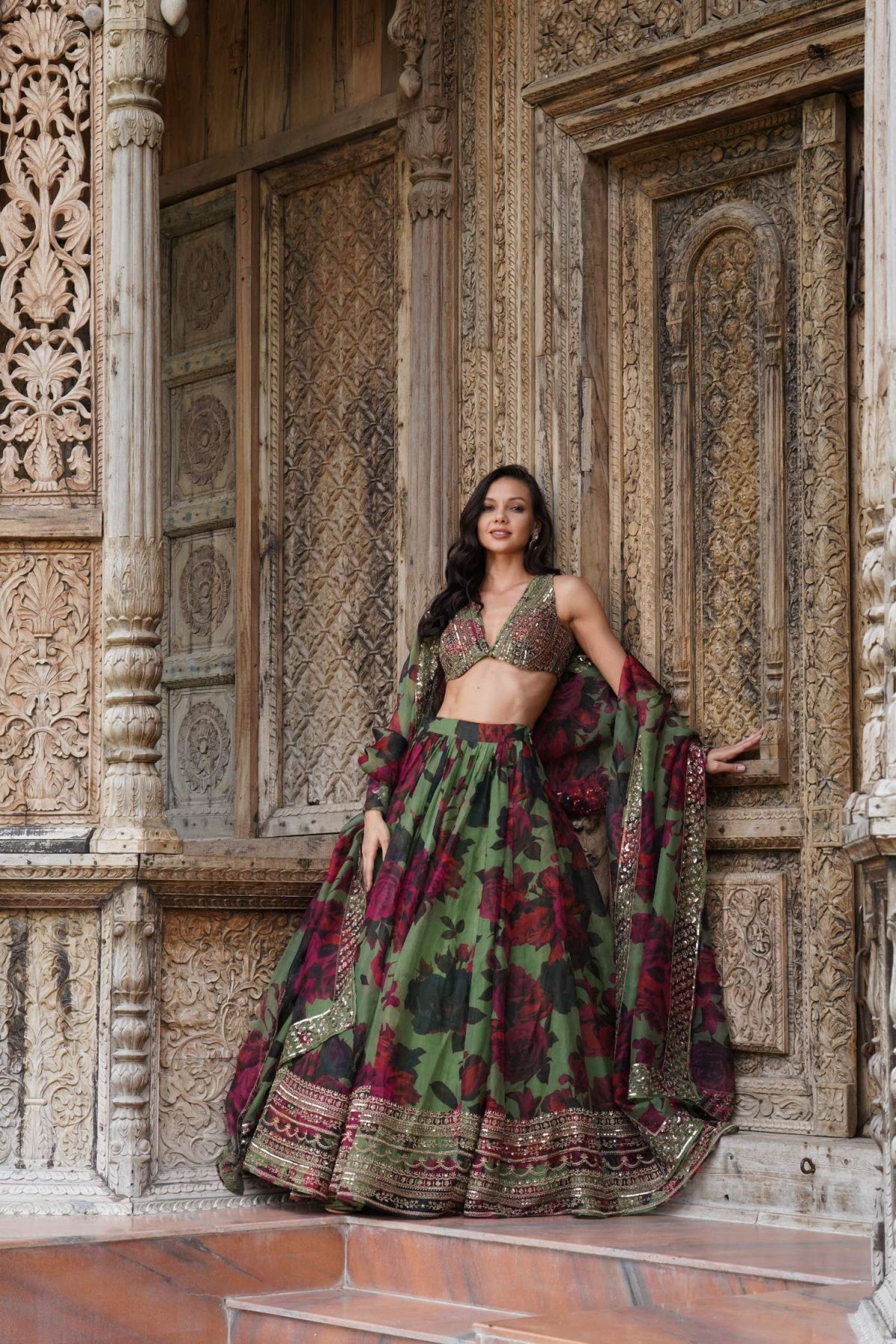 Mehendi Green Floral Lehenga Set- Ready To Ship