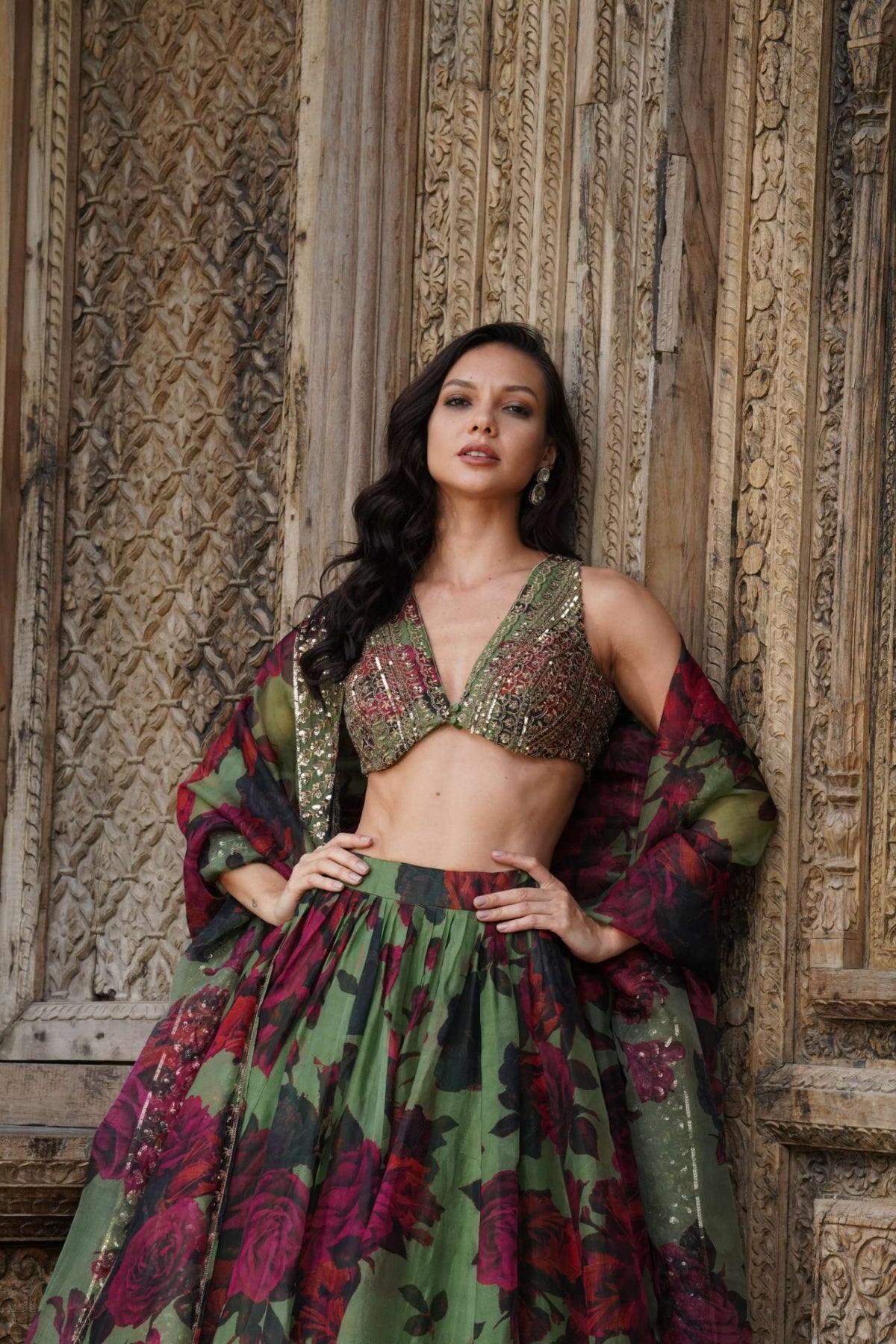 Mehendi Green Floral Lehenga Set- Ready To Ship