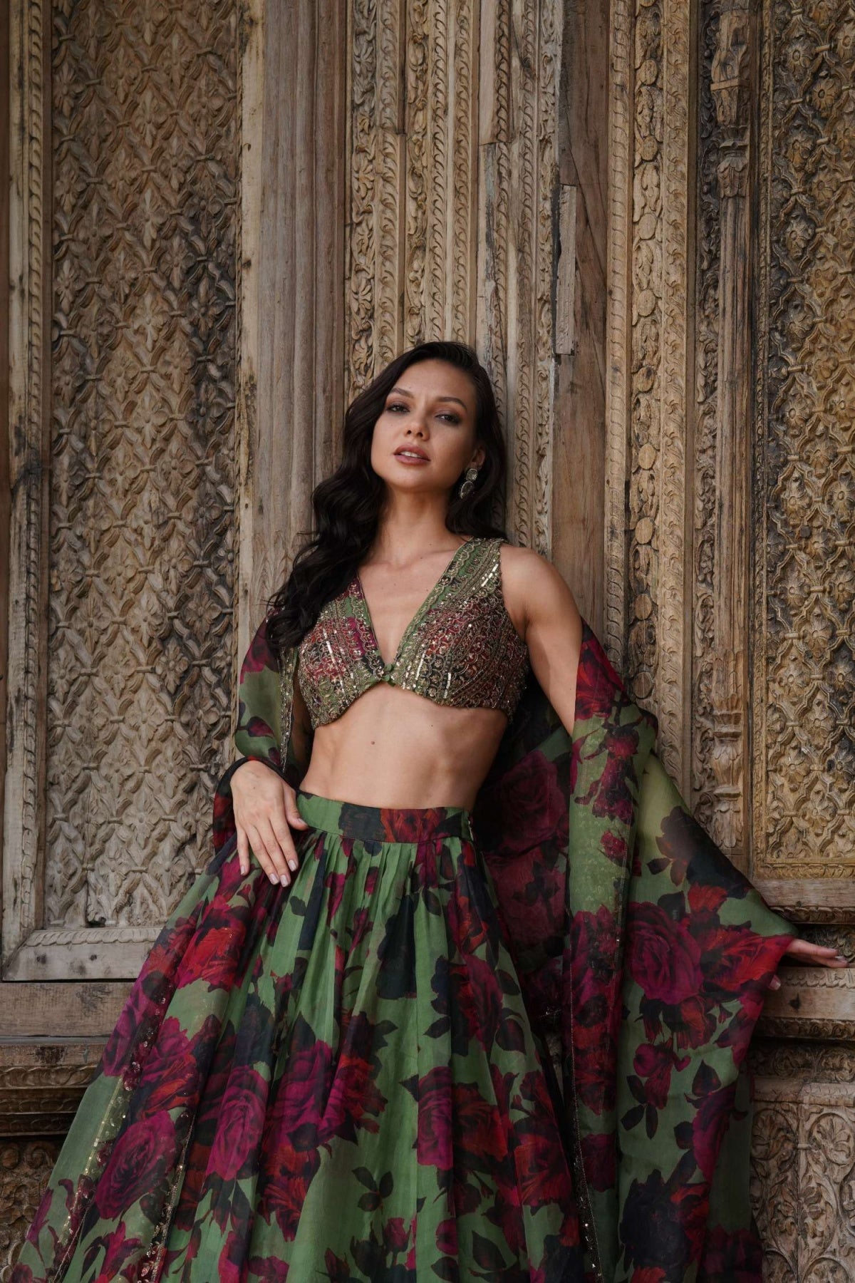 Mehendi Green Floral Lehenga Set- Ready To Ship