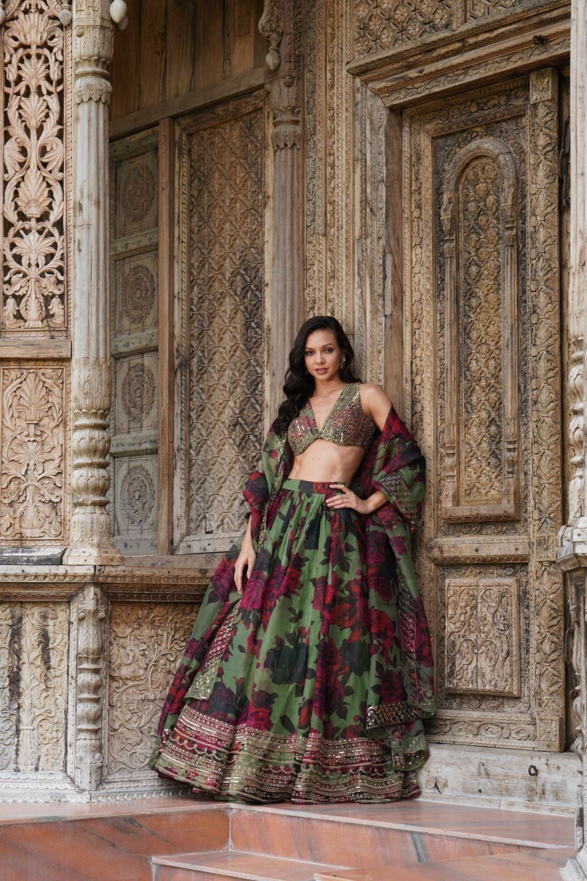 Mehendi Green Floral Lehenga Set- Ready To Ship