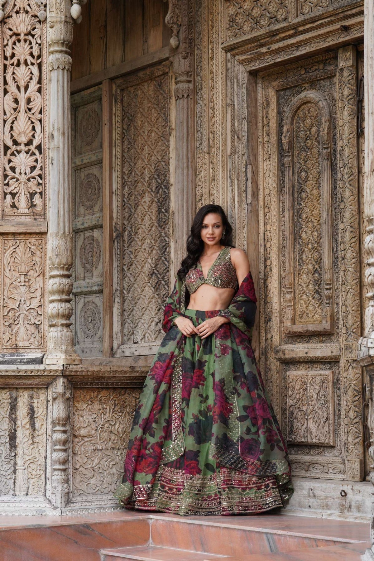 Mehendi Green Floral Lehenga Set- Ready To Ship
