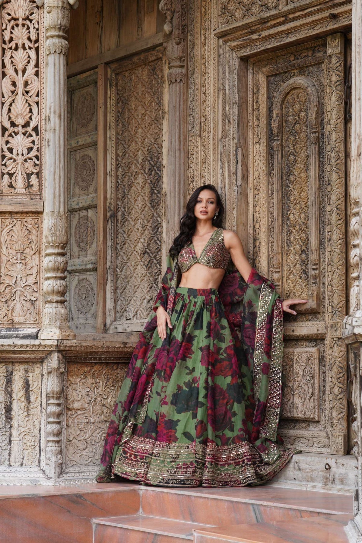 Mehendi Green Floral Lehenga Set- Ready To Ship
