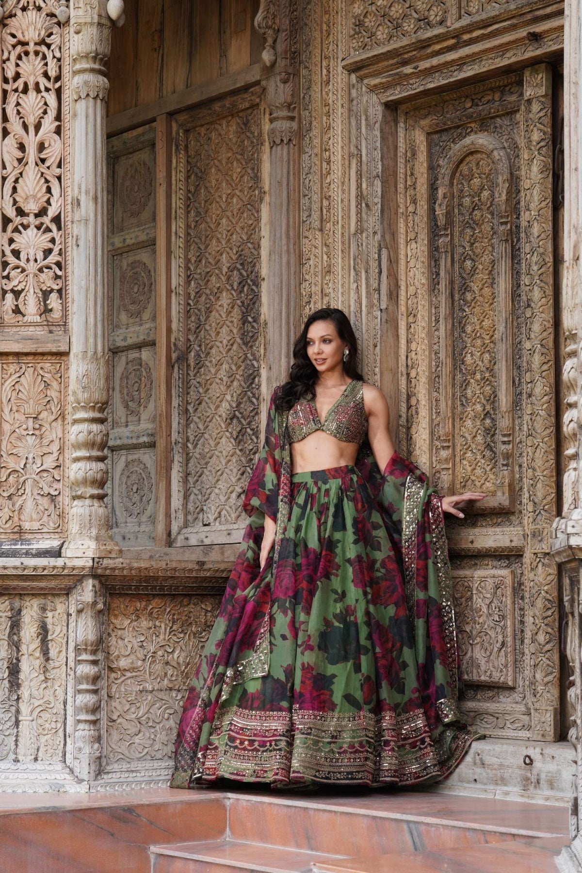 Mehendi Green Floral Lehenga Set- Ready To Ship