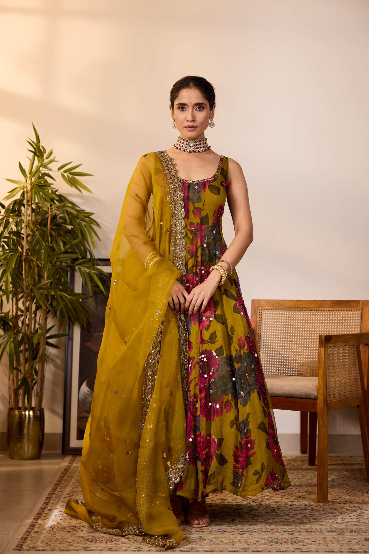 MUSTARD CHIFFON FLORAL  A-LINE ANARKALI