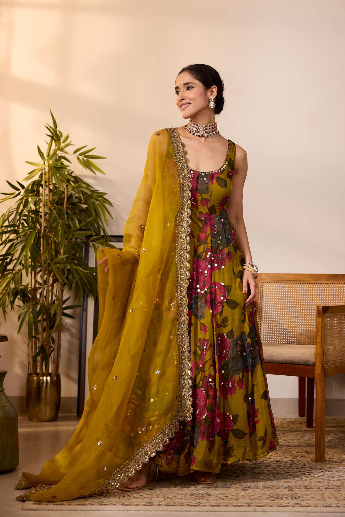 MUSTARD CHIFFON FLORAL  A-LINE ANARKALI