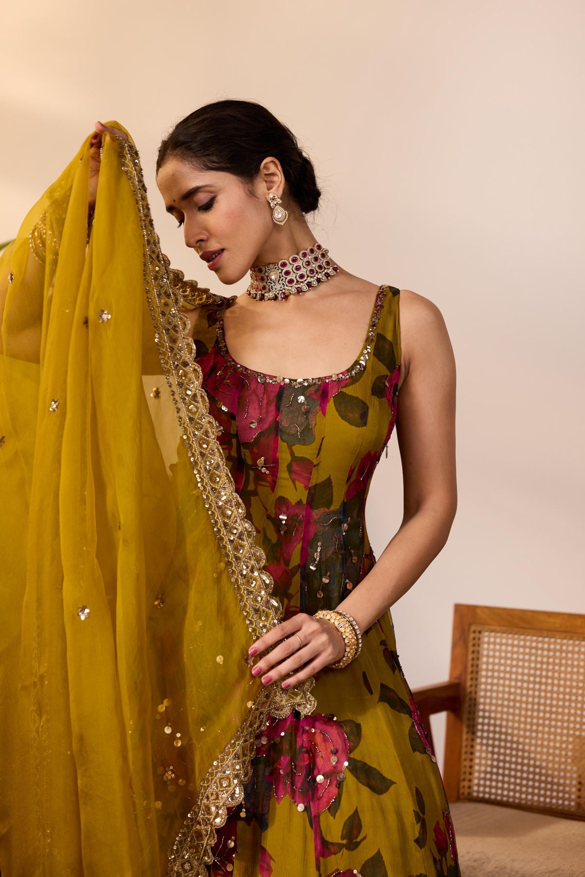 MUSTARD CHIFFON FLORAL  A-LINE ANARKALI