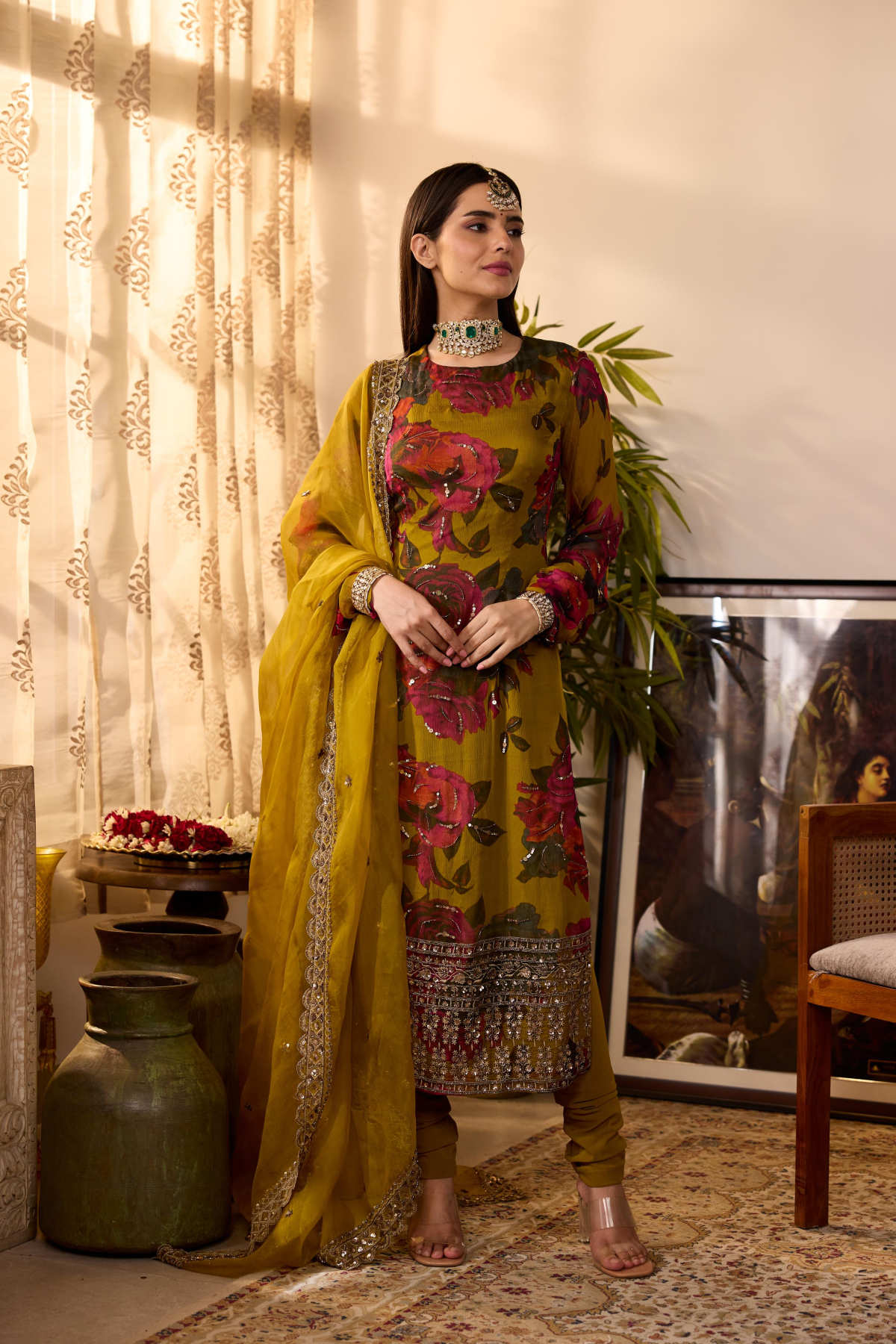 MUSTARD CHIFFON FLORAL  KURTI