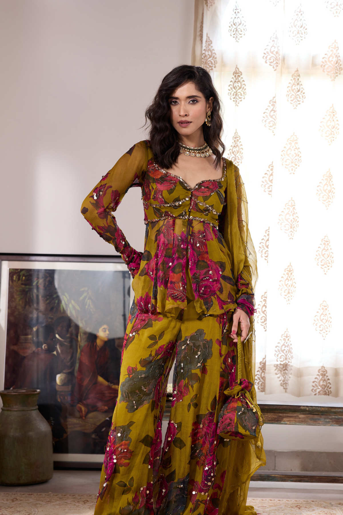 MUSTARD CHIFFON FLORAL  PEPLUM & SHARARA