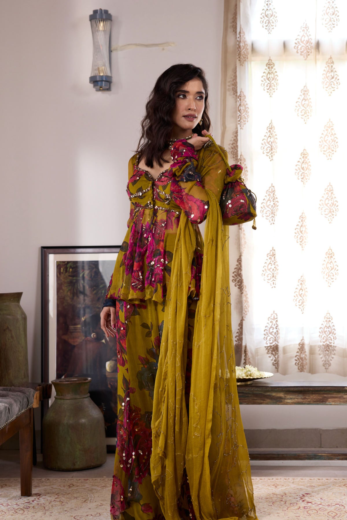MUSTARD CHIFFON FLORAL  PEPLUM & SHARARA