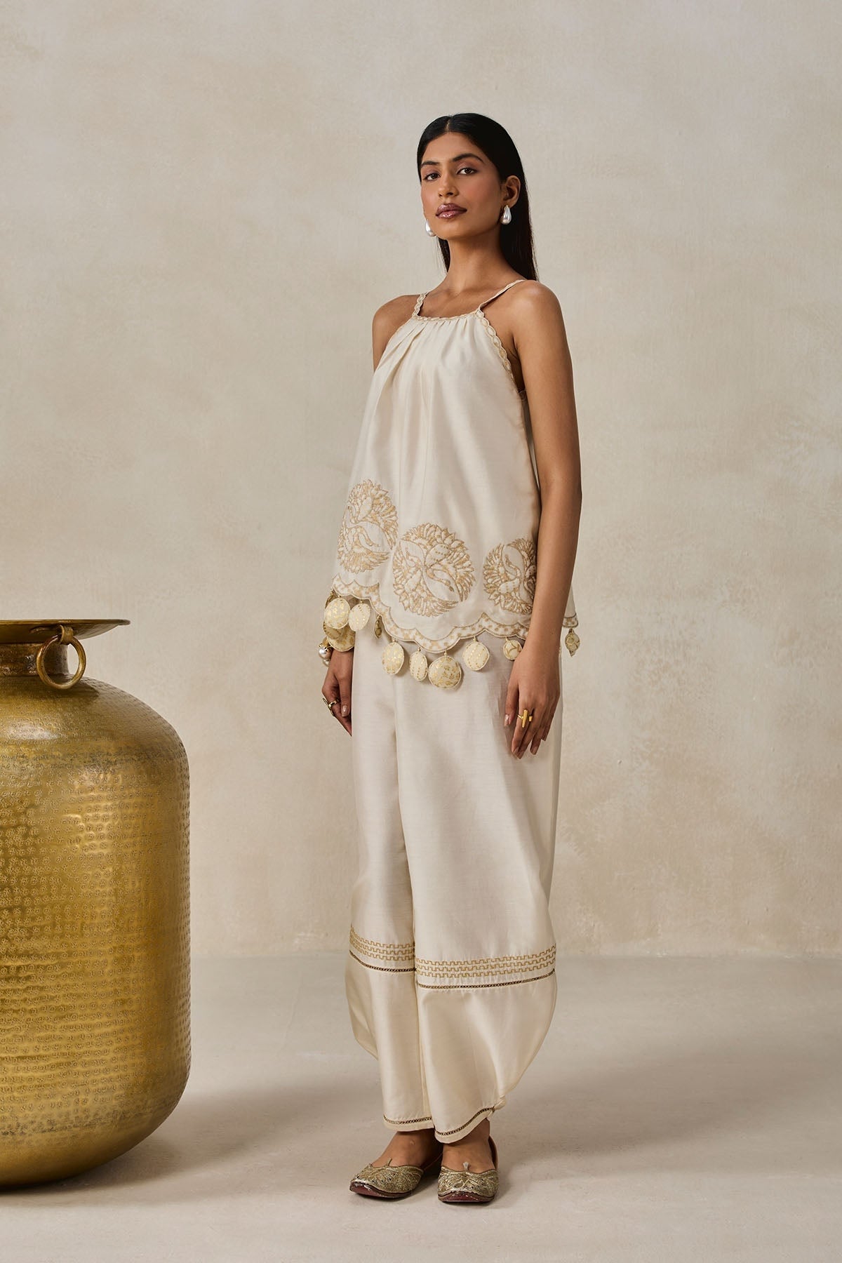 Chanderi Applique Embroidery Strappy Short Top And Palazo Set
