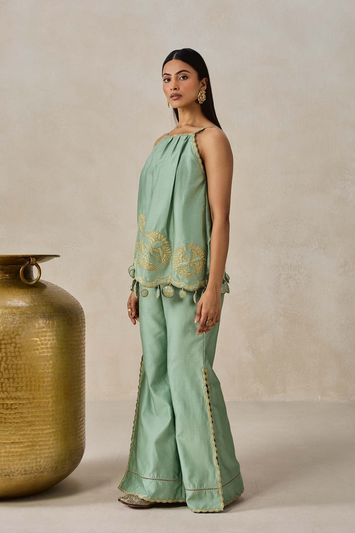 Chanderi Applique Embroidery Strappy Short Top And Palazo Set