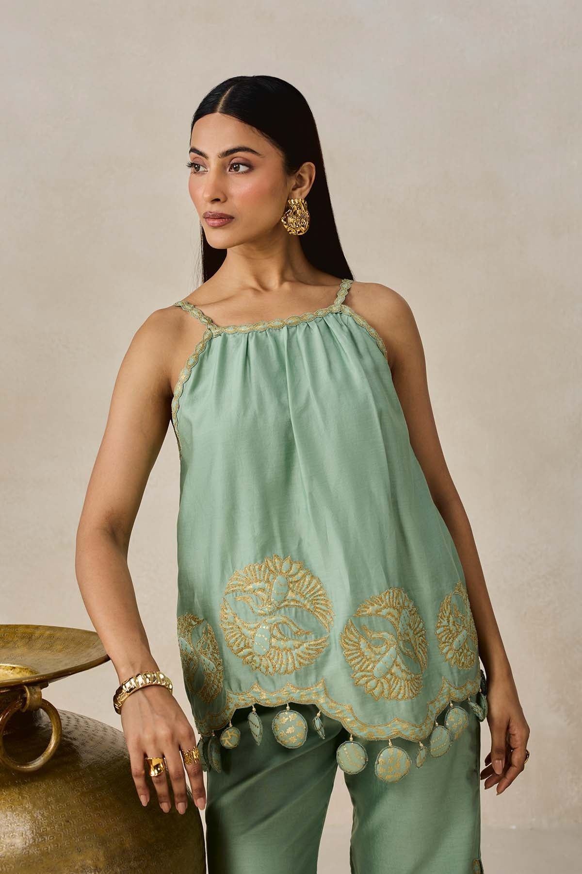 Chanderi Applique Embroidery Strappy Short Top And Palazo Set