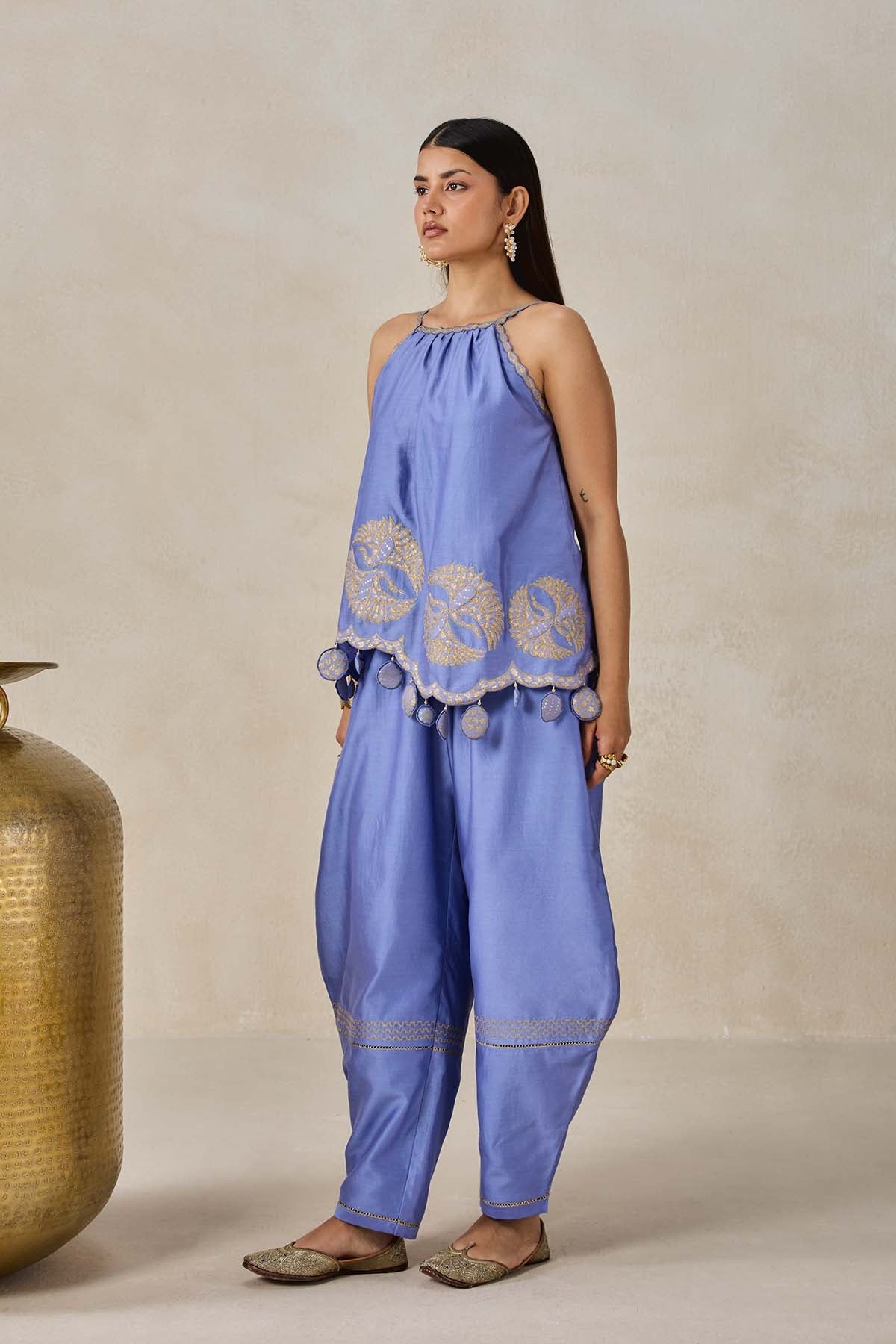 Chanderi Applique Embroidery Strappy Short Top And Palazo Set