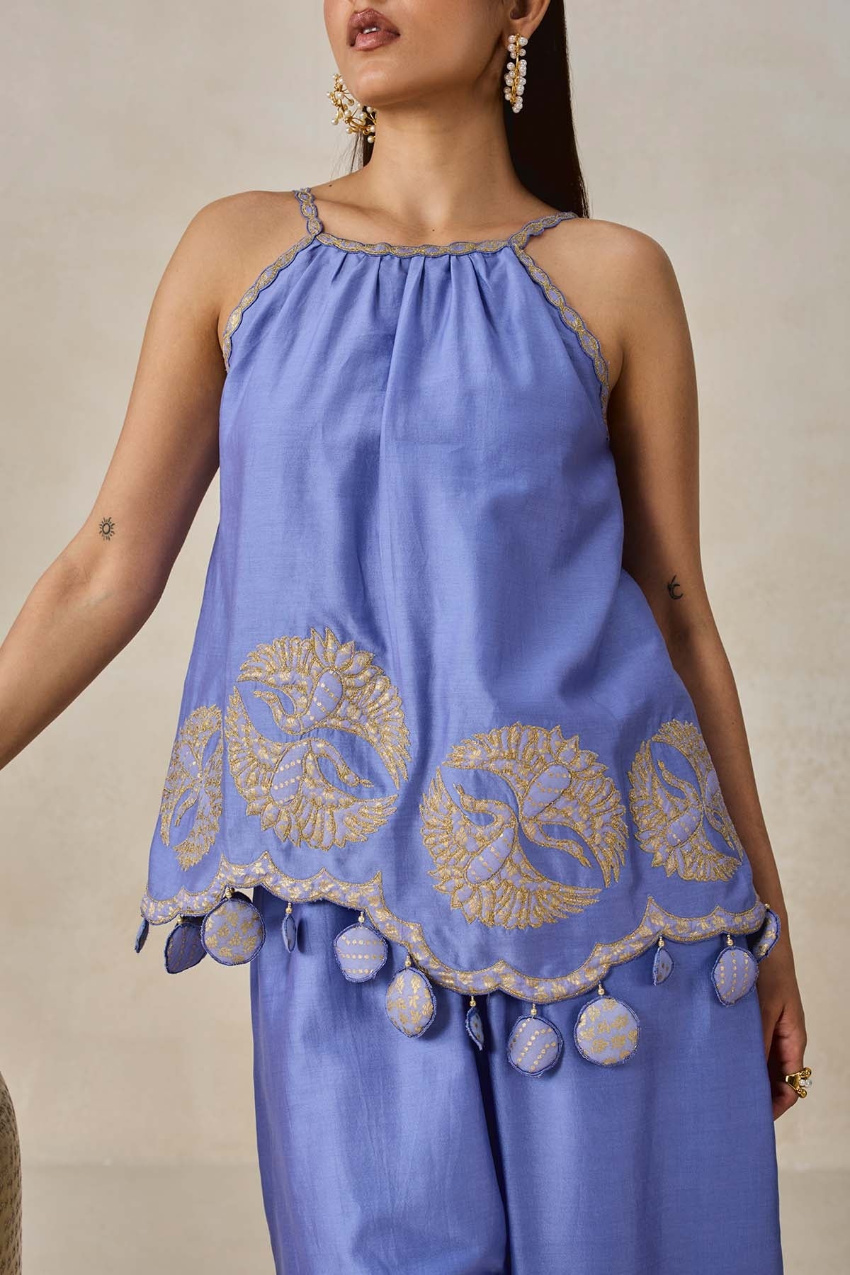 Chanderi Applique Embroidery Strappy Short Top And Palazo Set
