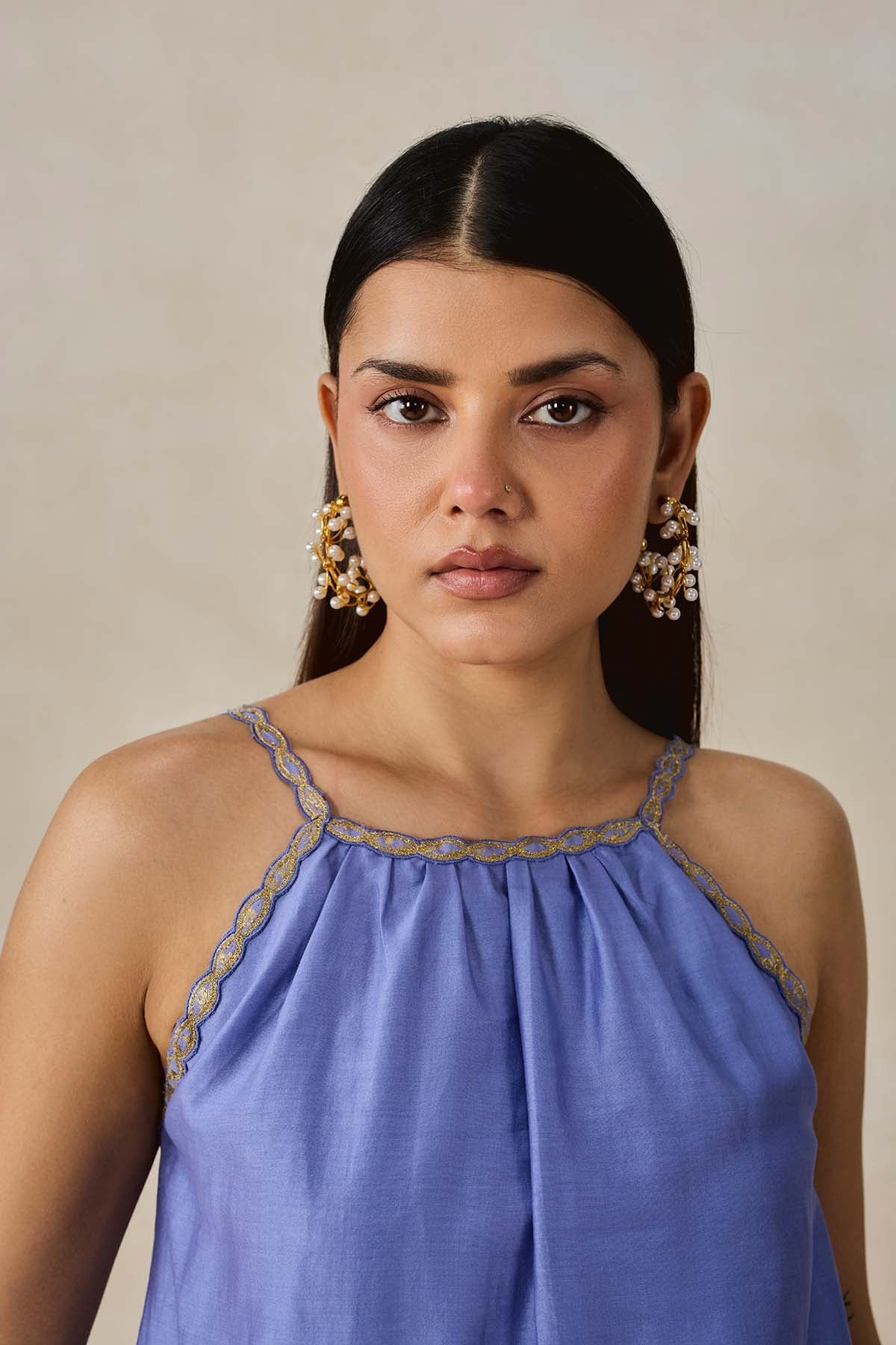 Chanderi Applique Embroidery Strappy Short Top And Palazo Set