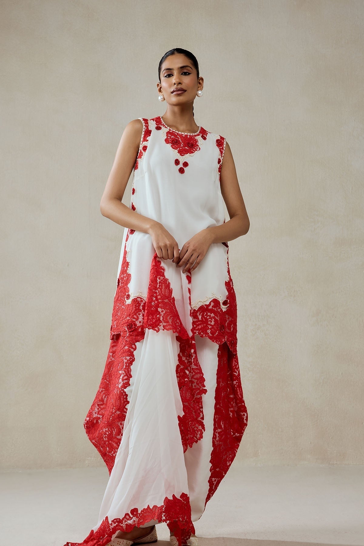 White Georgette With Red  Lace Applique Suit Set