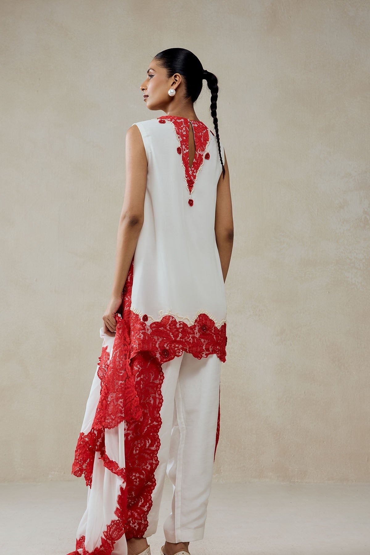 White Georgette With Red  Lace Applique Suit Set