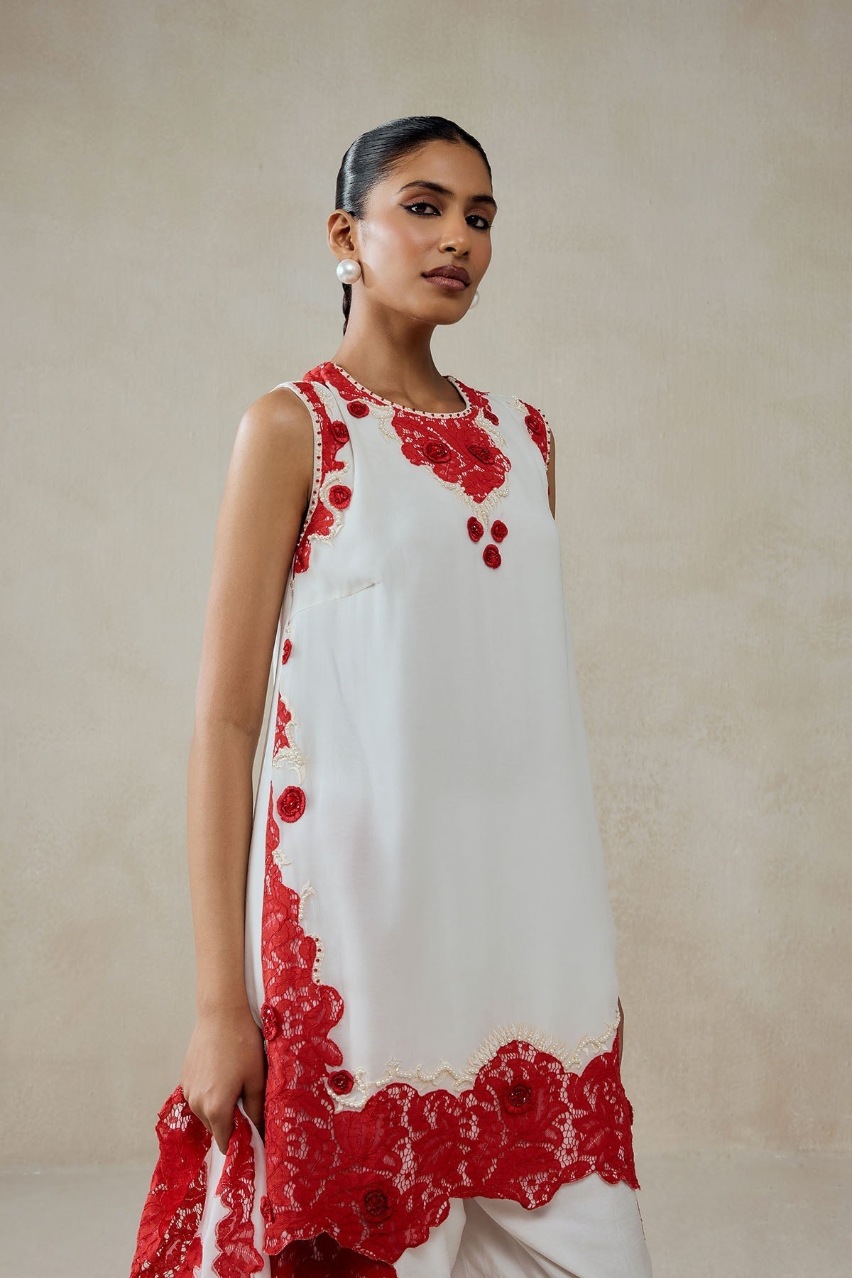White Georgette With Red  Lace Applique Suit Set