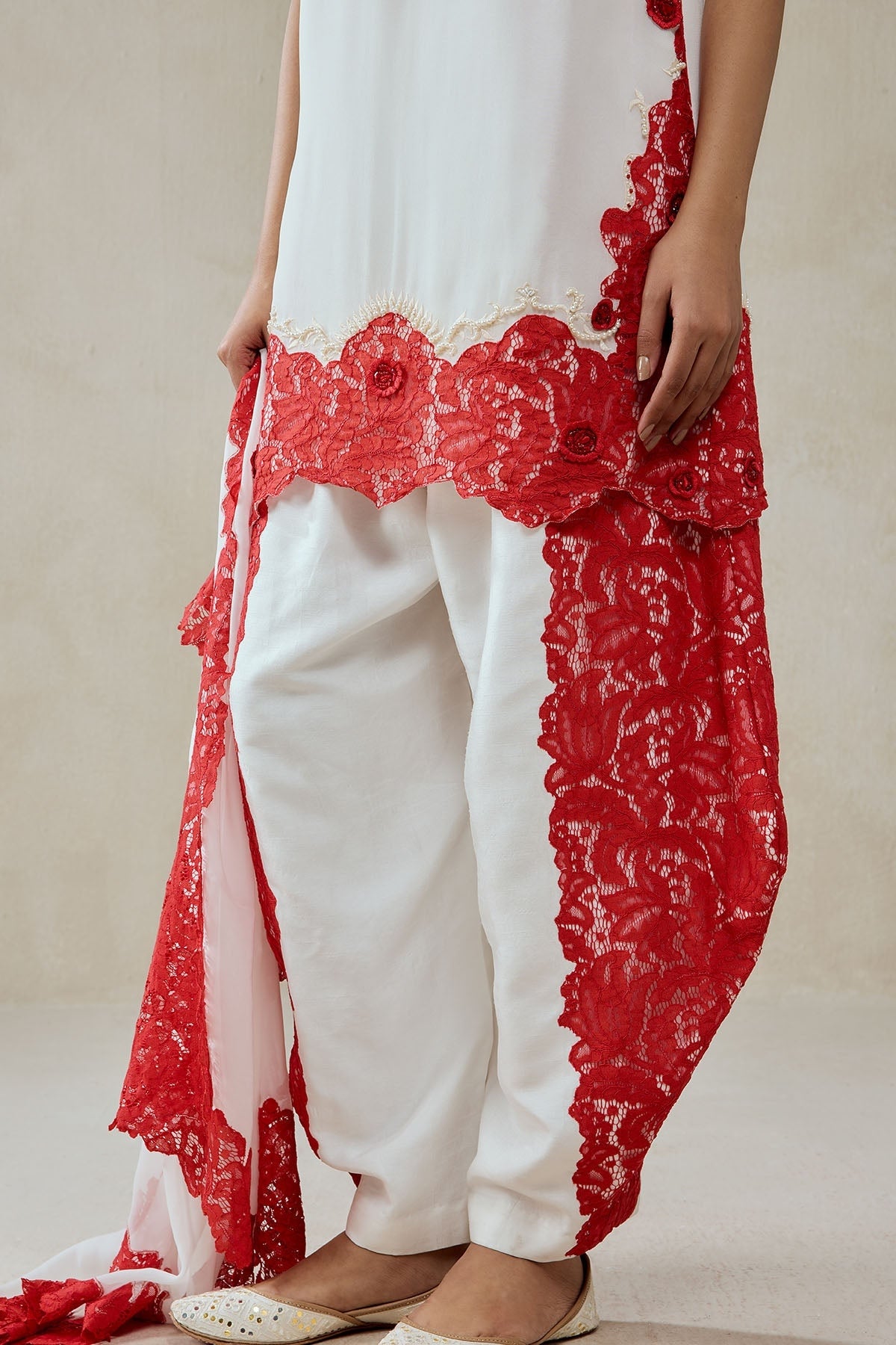 White Georgette With Red  Lace Applique Suit Set