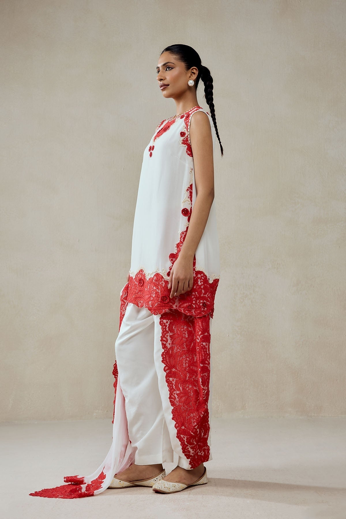 White Georgette With Red  Lace Applique Suit Set