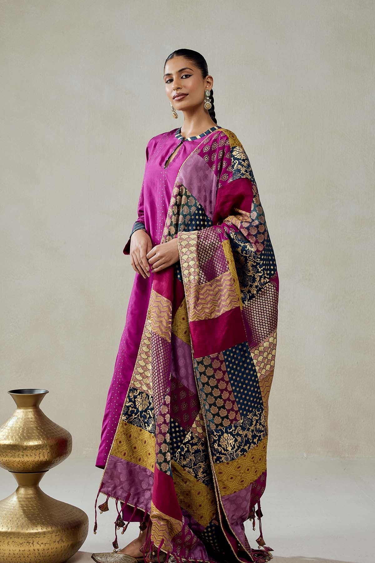 Wine  Salwar Suit With Multicolour Brocade Dupatta Set