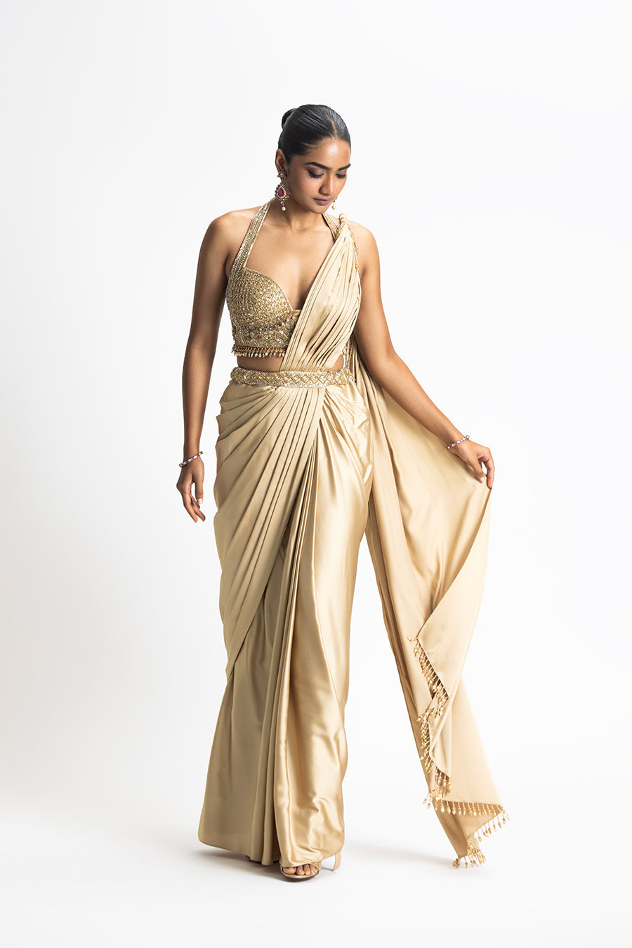 Gold Satin Pre Draped Saree