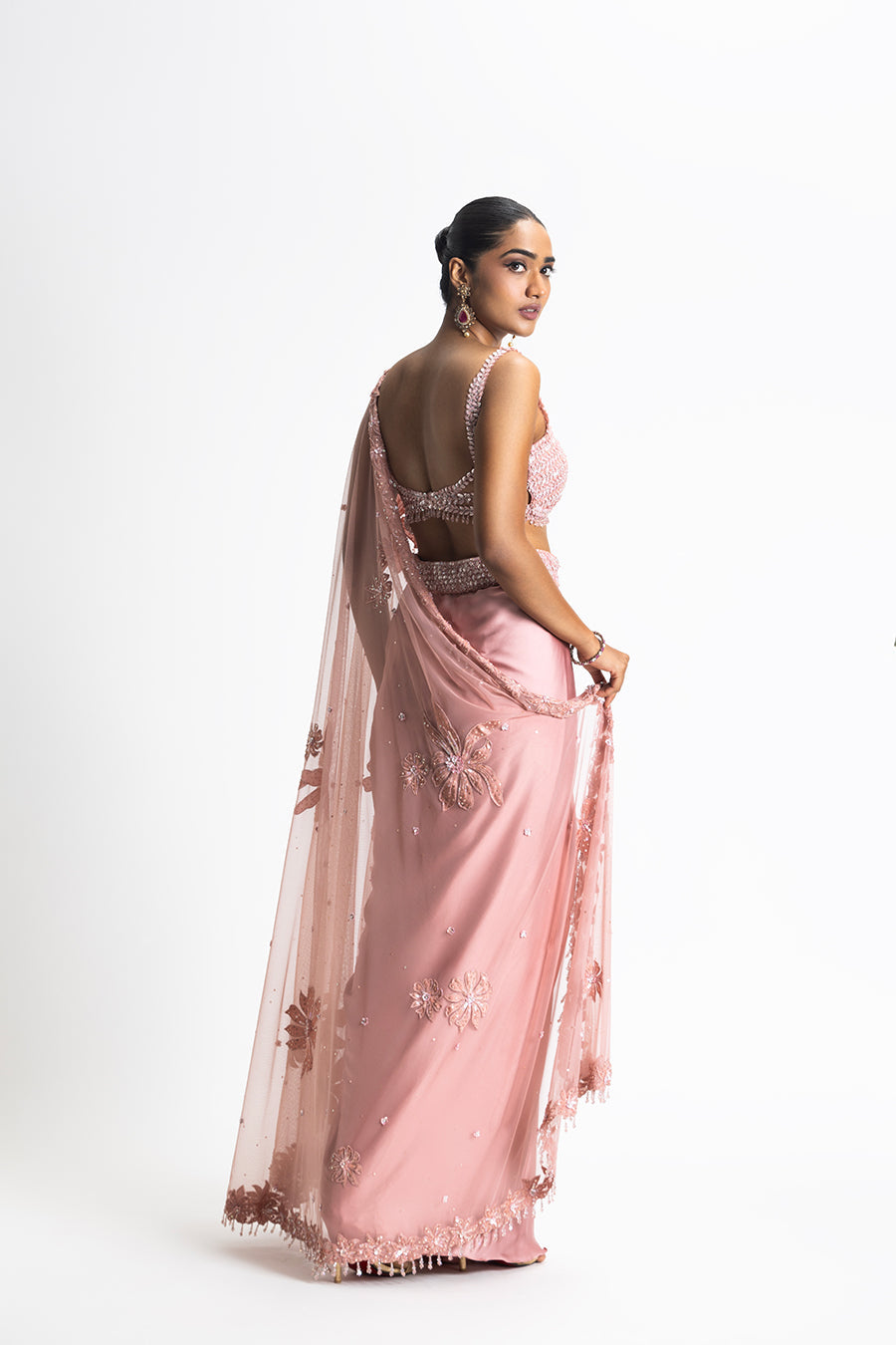 Rose Pink Satin Draped Saree