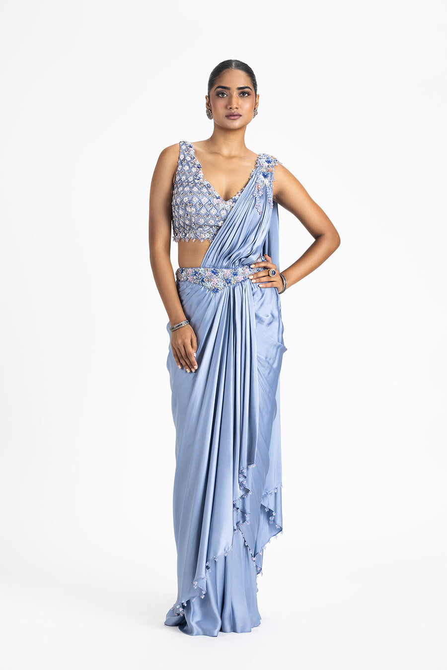 Ink Blue Pre-draped Satin Saree