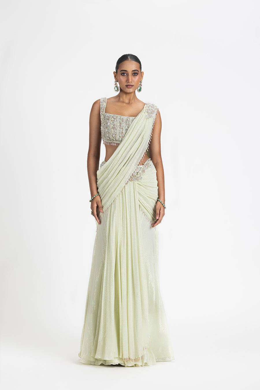 Lime Georgette Pre-draped Saree