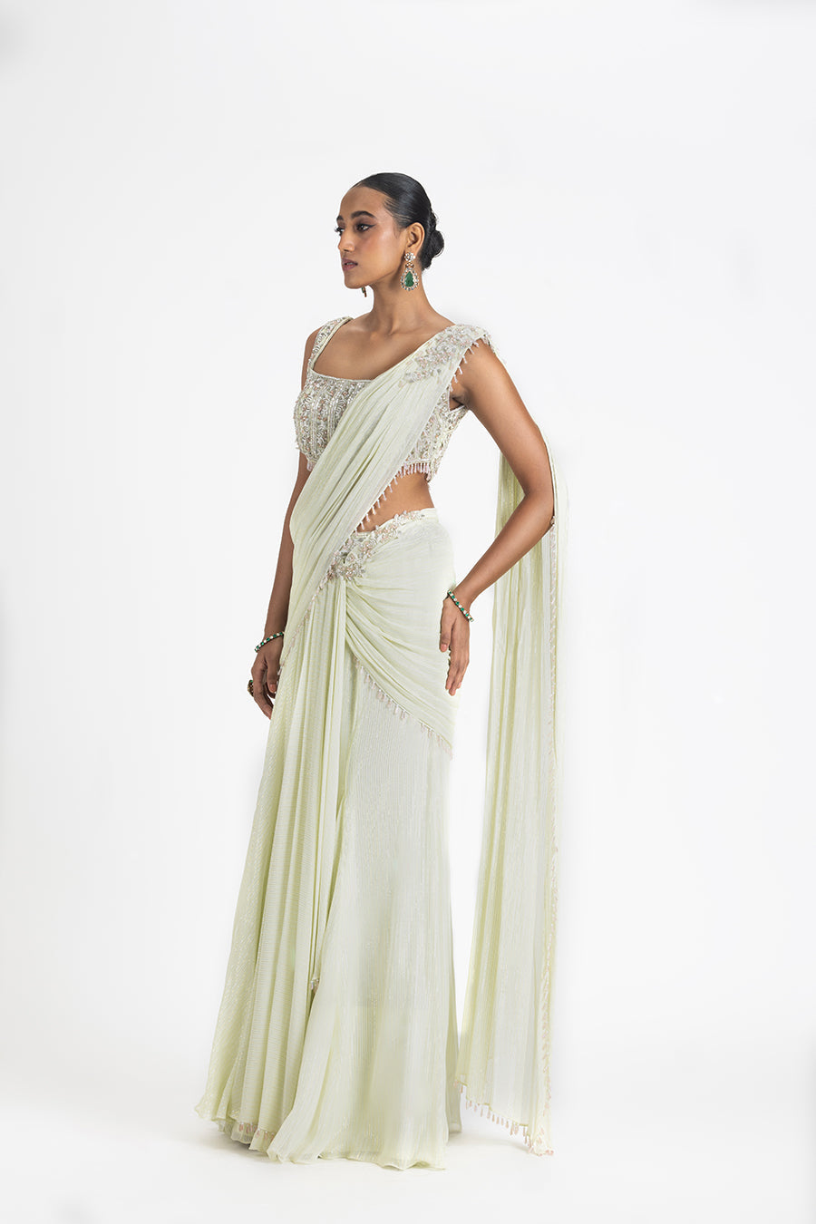 Lime Georgette Pre-draped Saree