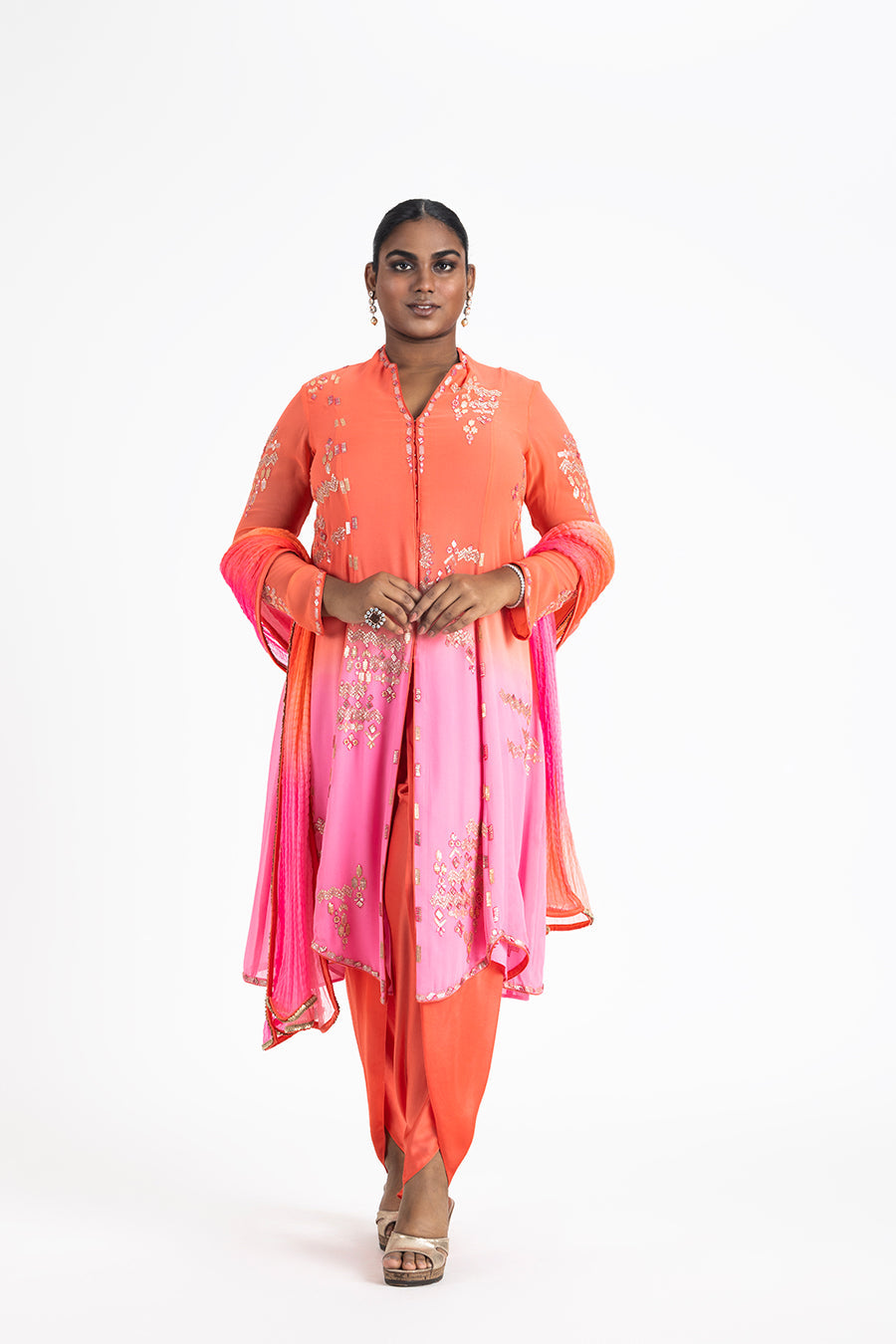 Mango To Pink Shaded Shirt With Dhoti And Dupatta