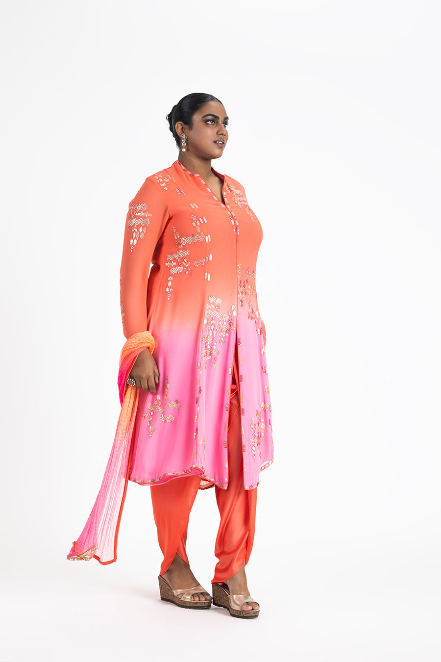 Mango To Pink Shaded Shirt With Dhoti And Dupatta