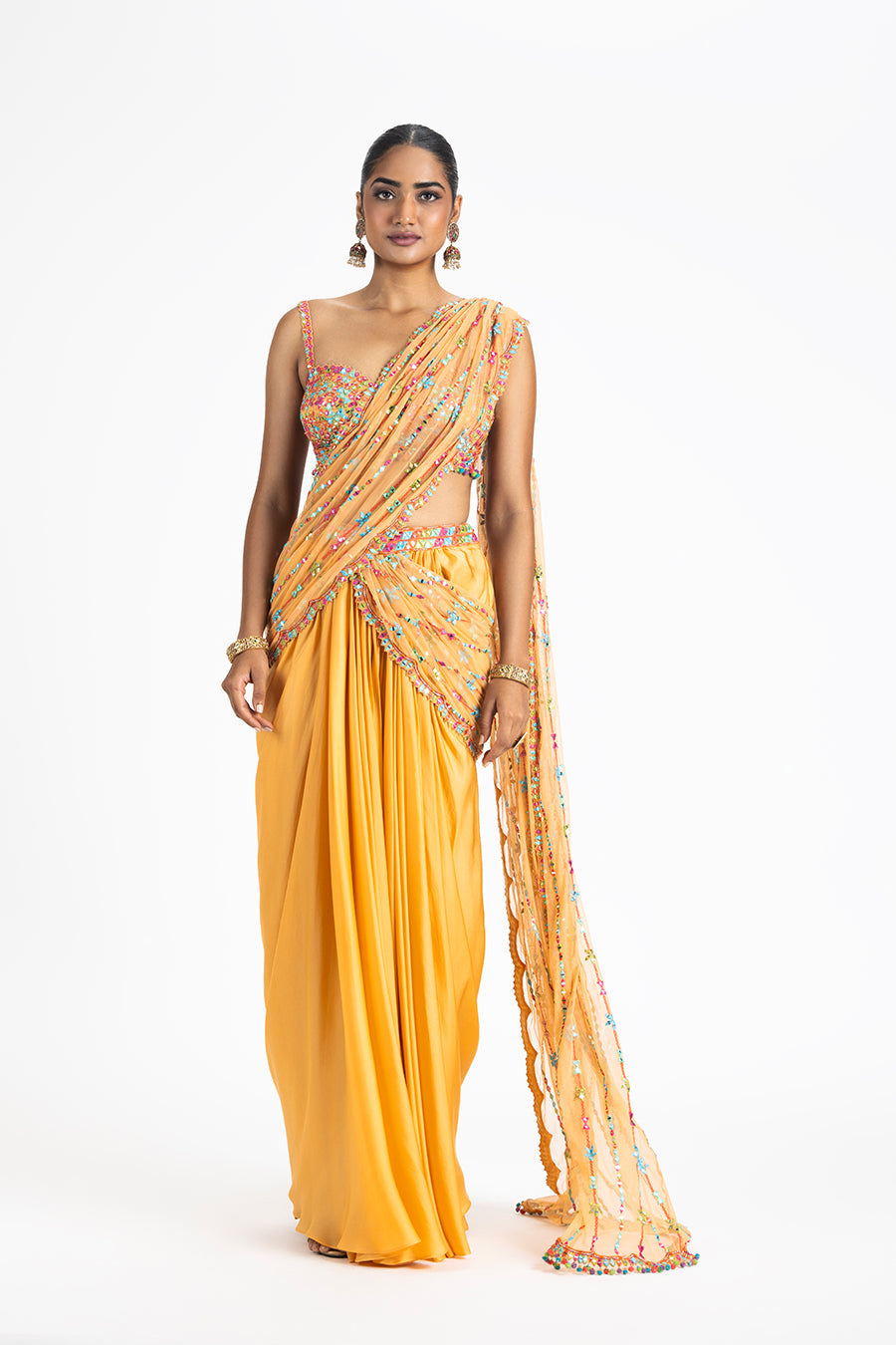 Mango Orange Pre-draped Saree