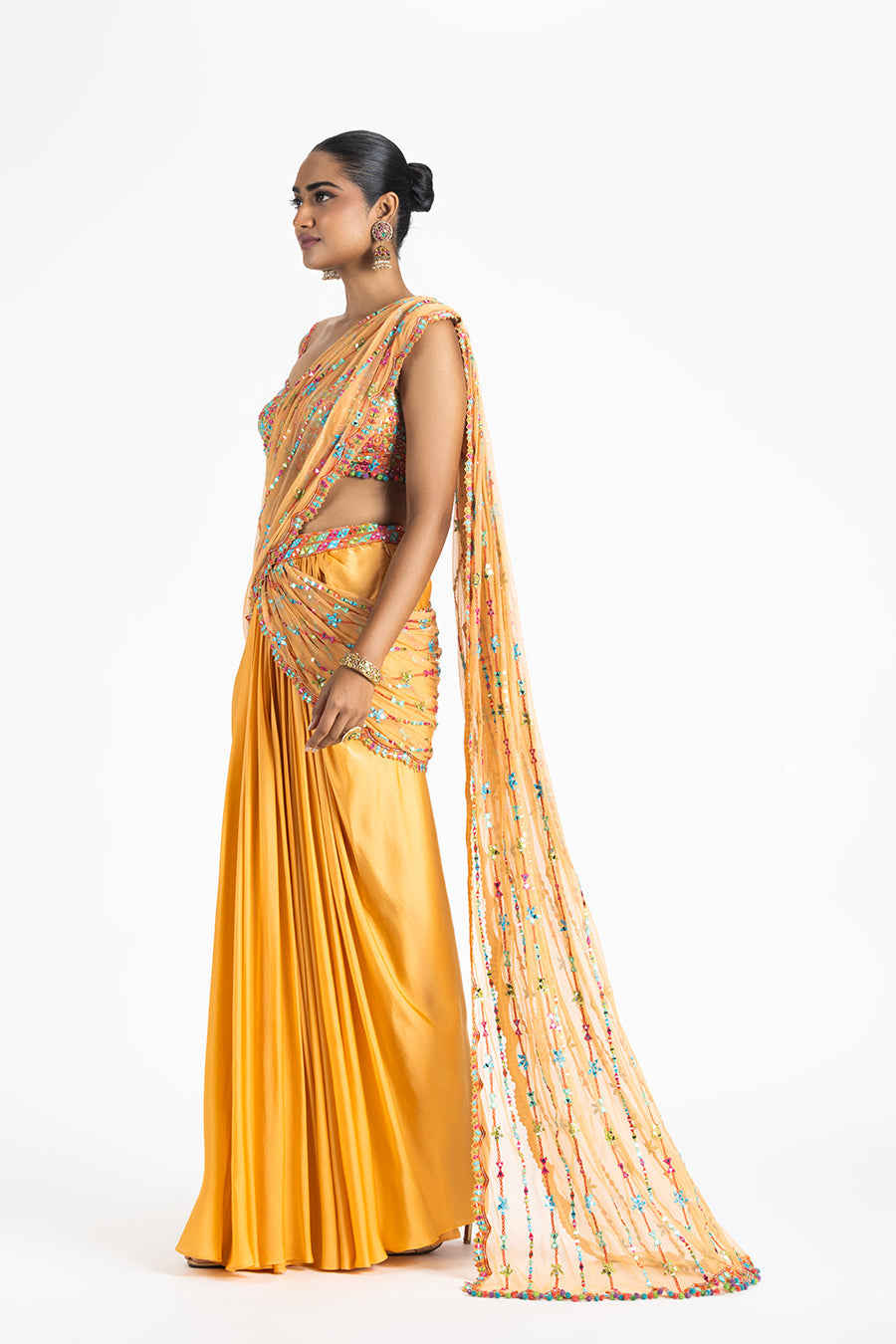 Mango Orange Pre-draped Saree