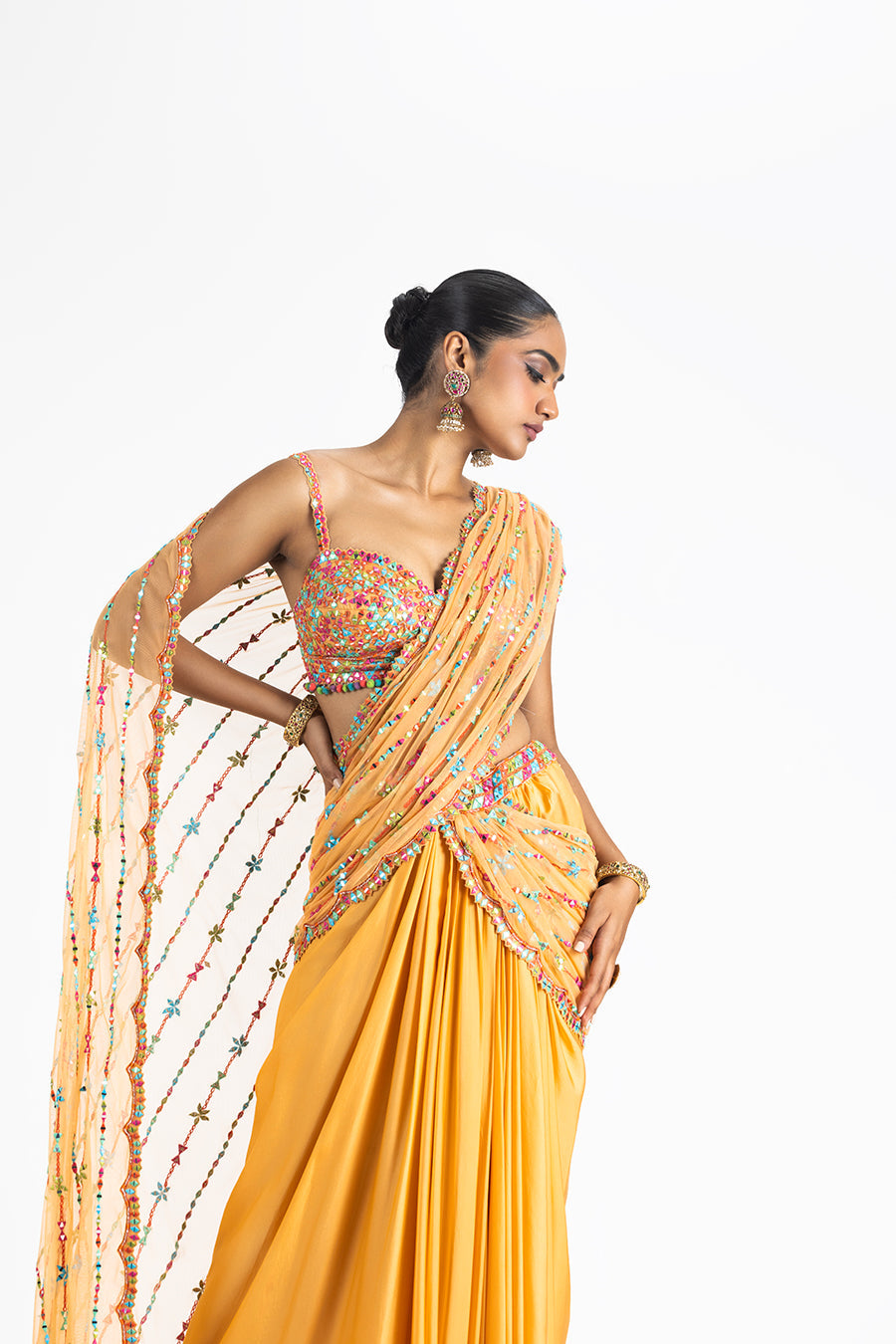 Mango Orange Pre-draped Saree