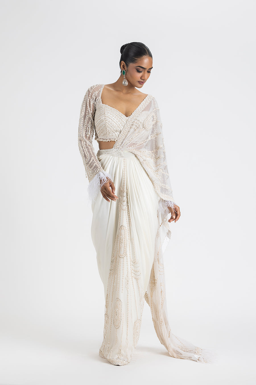 Ivory Satin Pre-draped Saree