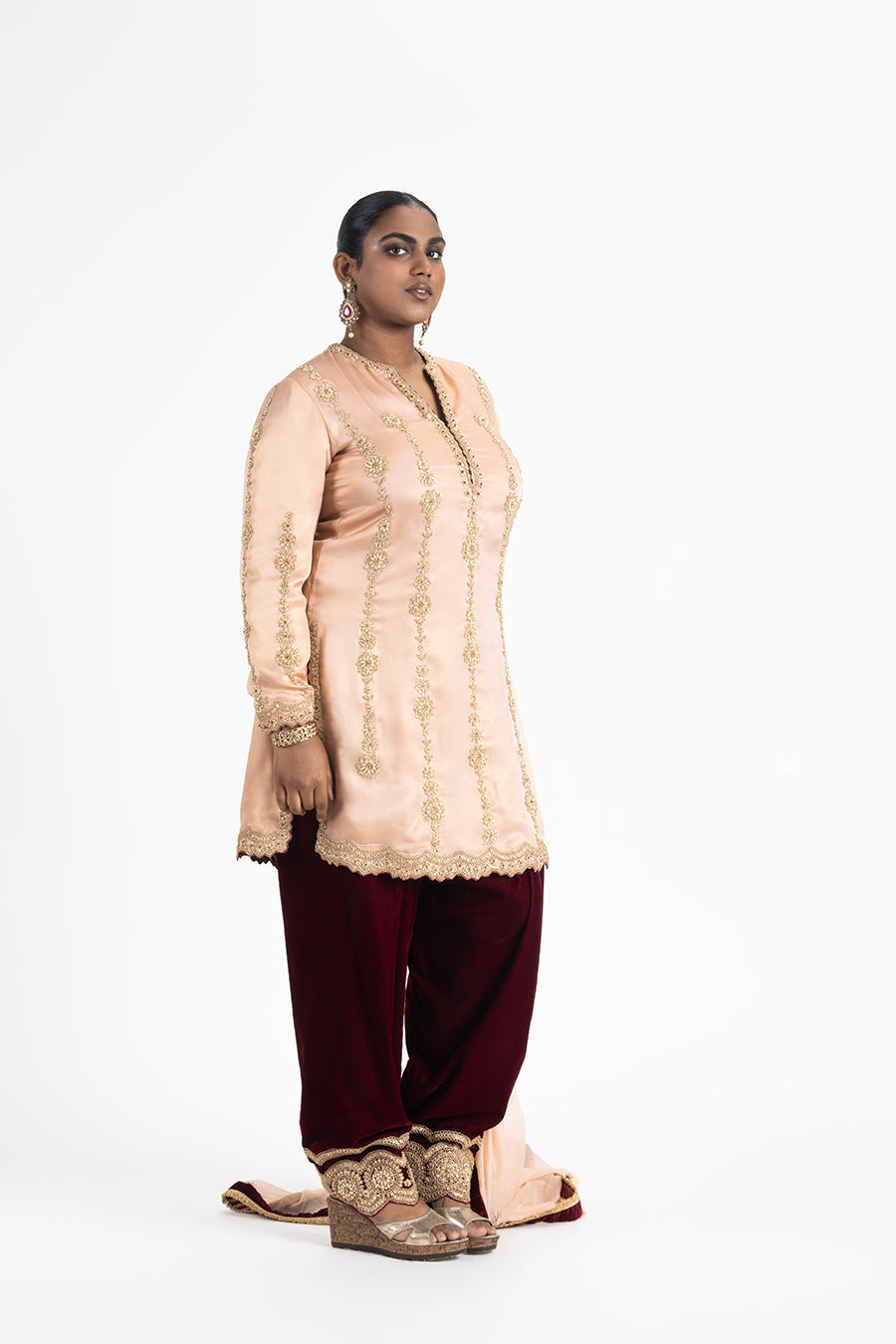 Peach Kurta With Maroon Velvet