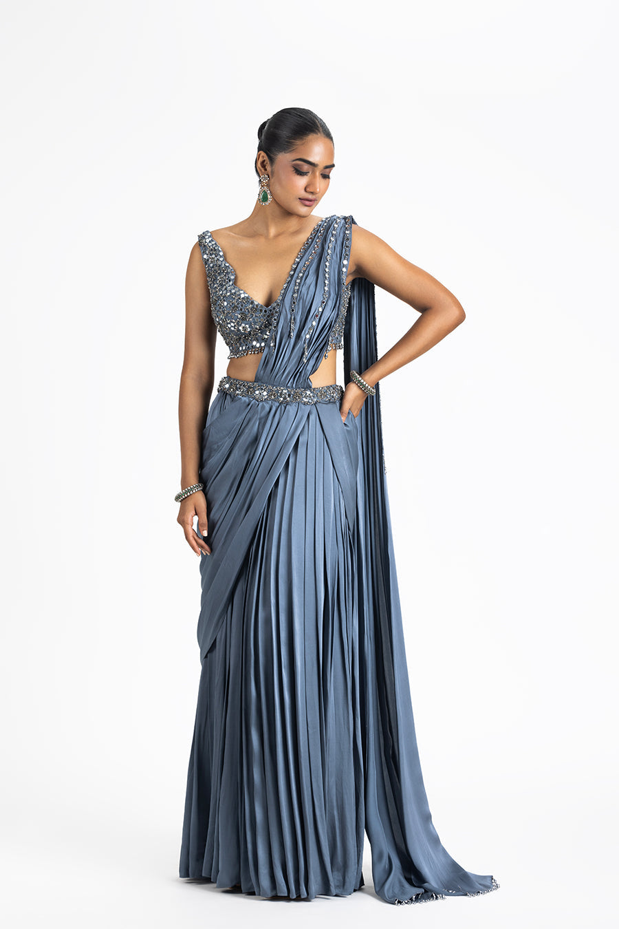 Charcoal Grey Pre-draped Saree