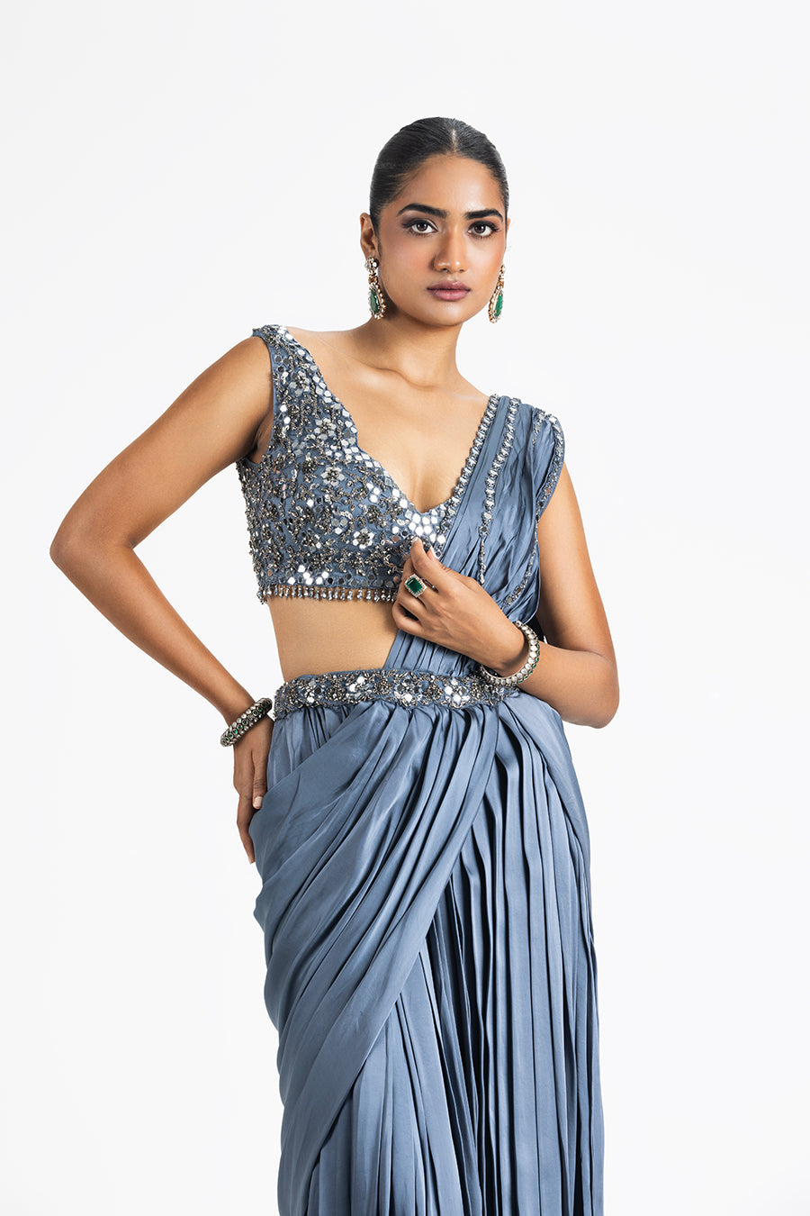 Charcoal Grey Pre-draped Saree