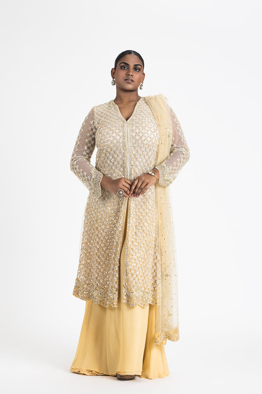 Gold Ombre Net Jacket With Sharara Set